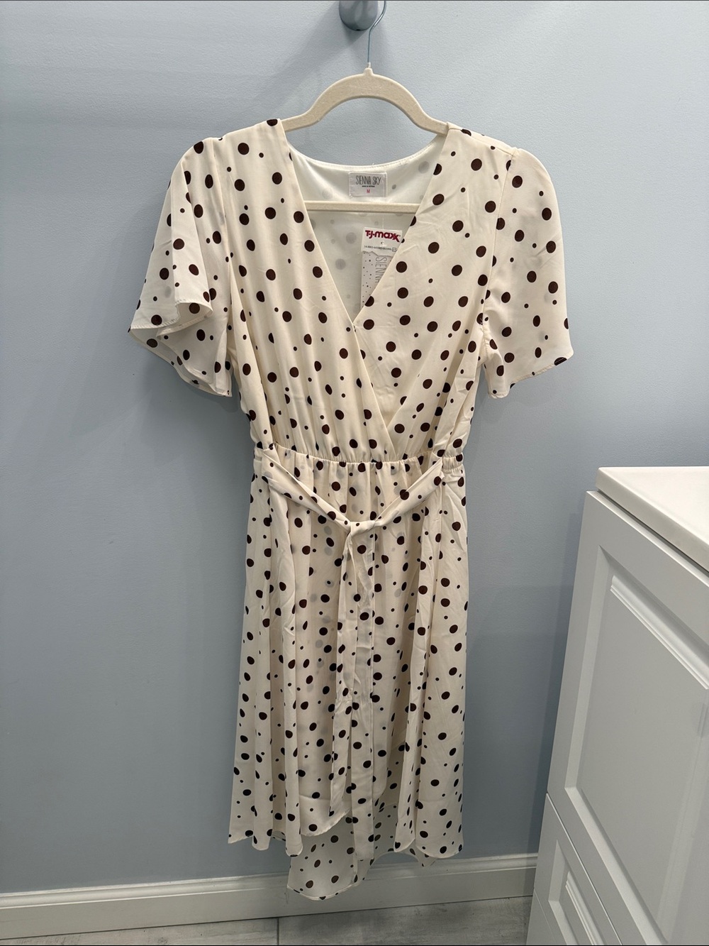 Sienna Sky Cream Midi Wrap Dress with Brown Polka Dots